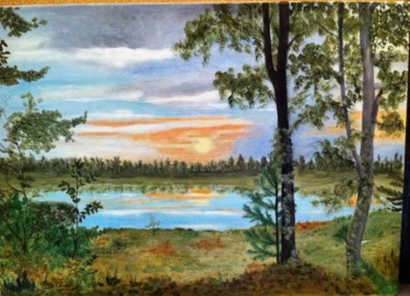 Peinture intitulée "Lac au lever du jour" par Josy Chatain, Œuvre d'art originale