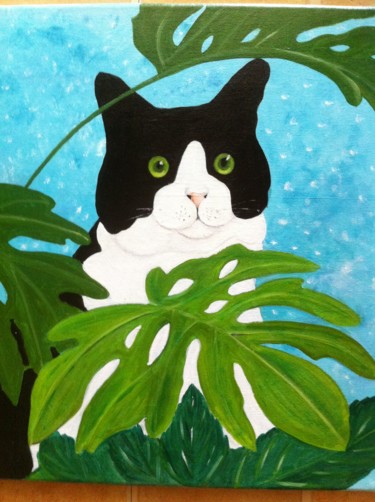 Peinture intitulée "Chat dans les plant…" par Josy Chatain, Œuvre d'art originale