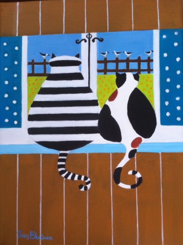 Peinture intitulée "Chats à la fenêtre" par Josy Chatain, Œuvre d'art originale