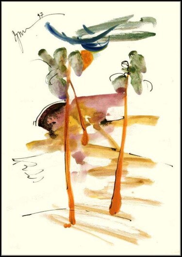 Dessin intitulée "Trois pins orange Т…" par Dima Dima Vil Ms Wilms (Rok Zivopisec Rock Painter), Œuvre d'art originale, Goua…