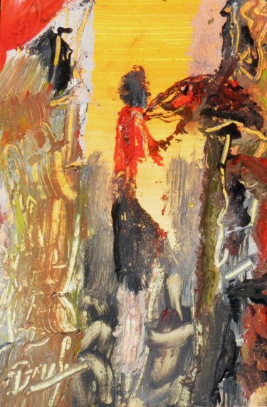 Painting titled "Le parapluie rouge" by Jacques Donneaud, Original Artwork, Acrylic Mounted on Wood Panel