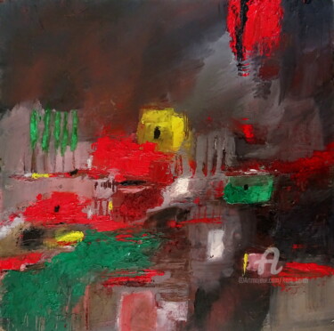 Painting titled "Paysages superposés" by Kam Bendi, Original Artwork, Oil Mounted on Cardboard