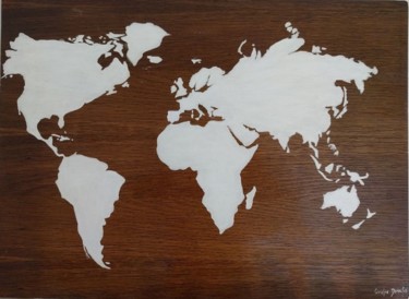 Mappemonde sur bois, acrylique blanche Pittura intitolato "Mappemonde sur bois…" da Coralie Deroche, Opera d'arte originale, Acrilico Montato su Altro pannello rig…