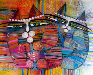 Peinture intitulée "two cats" par Albena Vatcheva, Œuvre d'art originale, Huile Monté sur Châssis en bois