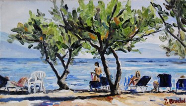Peinture intitulée "Plage en Grèce" par Pascal Brachet, Œuvre d'art originale, Huile