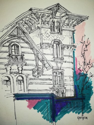Drawing titled "Villa de Biarritz" by Veronique Gaudin, Original Artwork, Ink