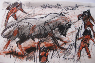 Tekening getiteld "La chasse 2" door Pierre Jean Delpeuc'H, Origineel Kunstwerk, Krijt