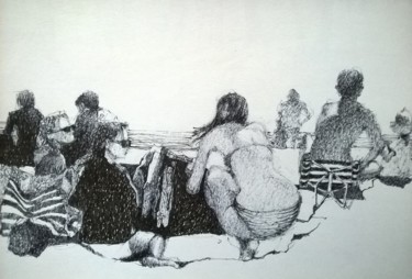「Etude d'un groupe d…」というタイトルの描画 Roland Guyomardによって, オリジナルのアートワーク, インク