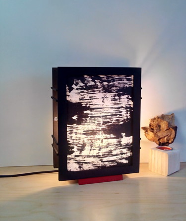 Lampe bois et papier. Calligraphie. Design titled "Lampe bois et papie…" by Papiers D'Aurore, Original Artwork, Luminaire
