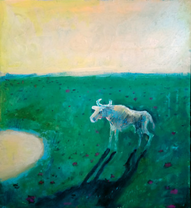 Painting titled "Lonely White Cow in…" by Zenya Gorlik, Original Artwork, Acrylic