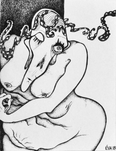 Dessin intitulée "Clin d'oeil" par Eva Mifsud, Œuvre d'art originale, Encre