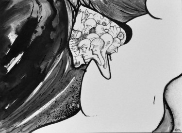 Dessin intitulée "Des visages dans le…" par Eva Mifsud, Œuvre d'art originale, Encre