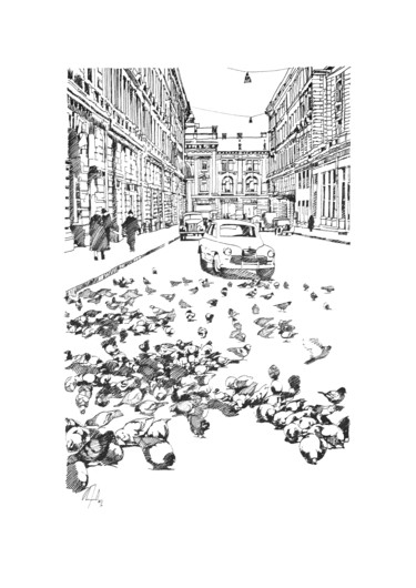 Рисунок под названием "Pigeons" - Nikolay Biryukov, Подлинное произведение искусства, Маркер