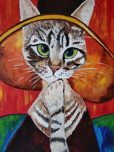 CAT IN A HAT, INSPIRED BY AMEDEO CLEMENTE MODIGLIANI Peinture intitulée "CAT IN A HAT, INSPI…" par Olga Koval, Œuvre d'art originale, Huile