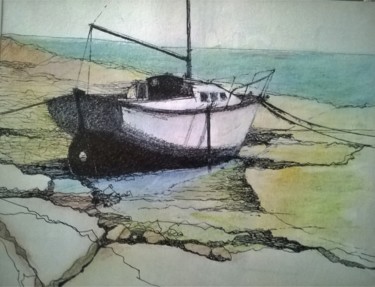 图画 标题为“bateau à marée basse” 由Roland Guyomard, 原创艺术品, 圆珠笔