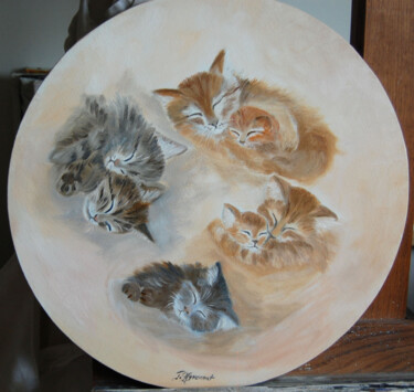 Painting titled "chattes et chatons…" by Patricia Giroldini Hyvernat, Original Artwork, Oil