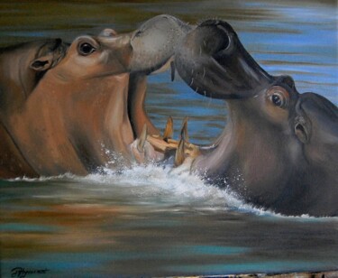 combat d'hippopotames- huile sur toile originale signée 绘画 标题为“combat d'hippopotam…” 由Patricia Giroldini Hyvernat, 原创艺术品, 油 安装在木质担架架上