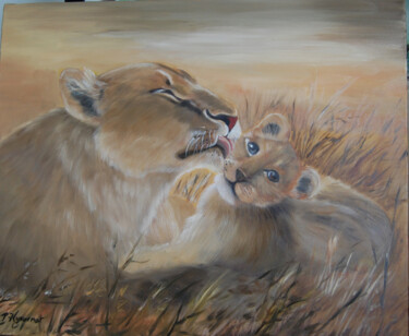 Amour maternel- lions - huile sur toile Peinture intitulée "Amour maternel- lio…" par Patricia Giroldini Hyvernat, Œuvre d'art originale, Huile