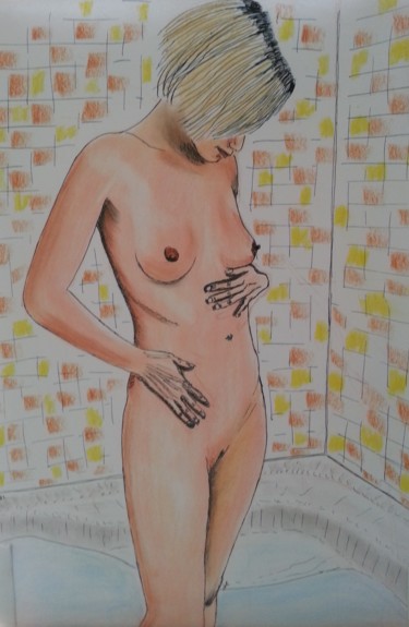 Disegno intitolato "blonde-a-la-douche" da Jean Philippe Dufau, Opera d'arte originale, Pastello