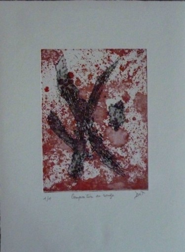 Composition en rouge et noir Printmaking titled "Composition en roug…" by Brigitte Bibard-Guillon, Original Artwork, Etching Mounted on Other rigid panel