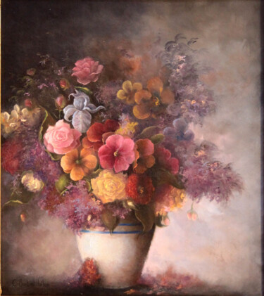 Bouquet de fleurs Peinture intitulée "Bouquet de fleurs" par Catherine Bantwell Huiban, Œuvre d'art originale, Huile Monté sur Panneau de bois