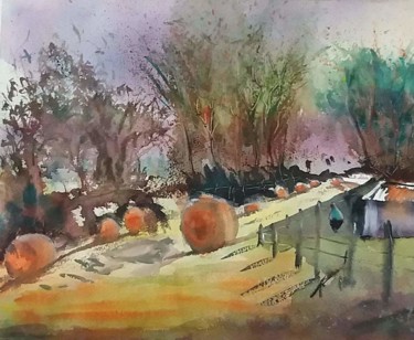 Peinture intitulée "paysage champêtre a…" par Pascale Coutoux, Œuvre d'art originale, Aquarelle