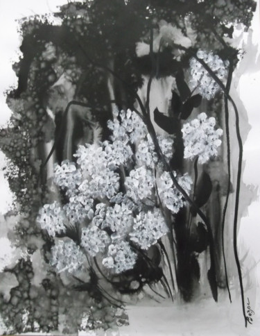 Drawing titled "HORTENSIAS un matin…" by Bozoc, Original Artwork, Ink