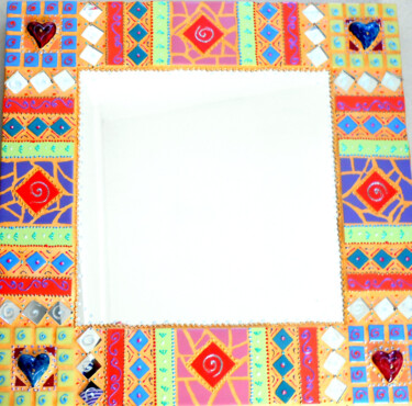 miroir mural mosaïque joyeuse."4 cœurs patchs " Design titled "miroir mural mosaïq…" by Odile Maffone Mosaïque Joyeuse, Original Artwork, Mosaic Mounted on Wood Panel