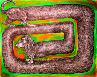 Tekening getiteld "Teckel prisonnier" door Christophe Gol, Origineel Kunstwerk, Inkt