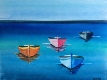 Peinture intitulée "Canots multicolores" par Marie-Pascale Le Goff (L’île à L’eau), Œuvre d'art originale, Aquarelle