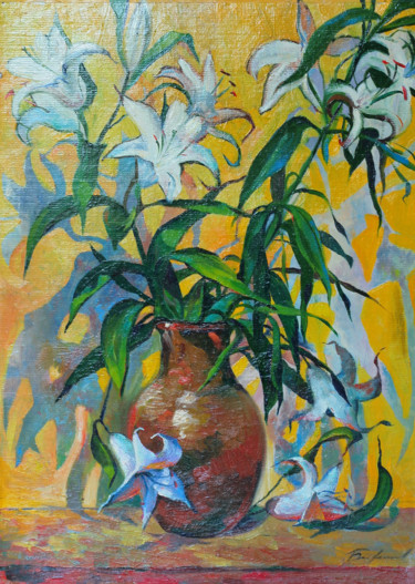Картина под названием "Flowers On A Yellow…" - Nikolay Biryukov, Подлинное произведение искусства, Масло