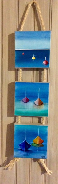 Canots multicolores en triptyque Peinture intitulée "Canots multicolores…" par Marie-Pascale Le Goff (L’île à L’eau), Œuvre d'art originale, Aquarelle