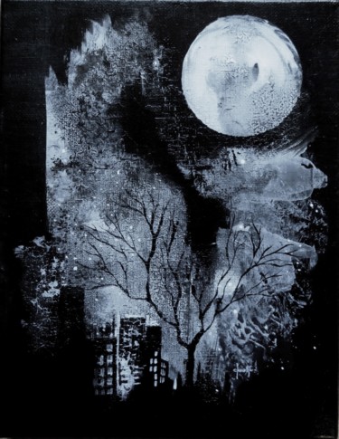 Nocturne avec amour - encre acrylique-19x24 cm Peinture intitulée "Nocturne avec amour…" par Clau Redier-Clément, Œuvre d'art originale, Encre