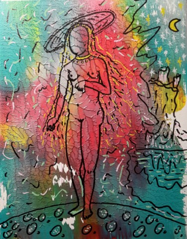 Painting titled "Vénus au chapeau." by Aude Peris, Original Artwork, Acrylic Mounted on Cardboard