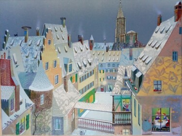 Vue sur les toits (Strasbourg) Peinture intitulée "Vue sur les toits (…" par Bernard Ambielle, Œuvre d'art originale, Huile Monté sur Châssis en bois
