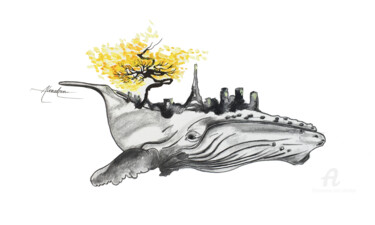La cité flottante Dessin intitulée "La cité flottante" par Almakan, Œuvre d'art originale, Encre