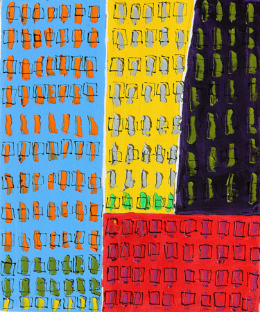 「DWELLINGS」というタイトルの絵画 Jean Mirreによって, オリジナルのアートワーク, オイル ウッドストレッチャーフレームにマウント