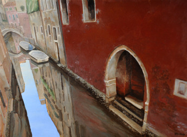 Peinture intitulée "VENISE MUR ROUGE" par Renand, Œuvre d'art originale, Huile Monté sur Châssis en bois