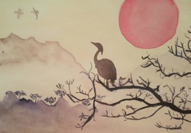 Peinture intitulée "l'oiseau sur la bra…" par Pascale Coutoux, Œuvre d'art originale, Aquarelle