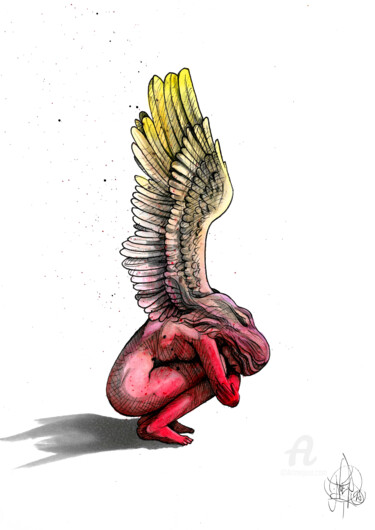 Dessin intitulée "Reloading angel" par Art De Noé, Œuvre d'art originale, Encre