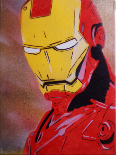 绘画 标题为“Iron Man Spray” 由Stan Di Meo, 原创艺术品, 喷漆 安装在木质担架架上