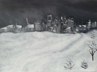 Original winter night cityscape landscape abstract Painting titled "Original winter nig…" by Iveta Zaharova (Kārkla), Original Artwork, Acrylic