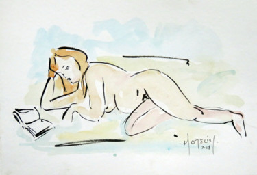 Peinture intitulée "Lecture" par Michel Hamelin, Œuvre d'art originale, Encre
