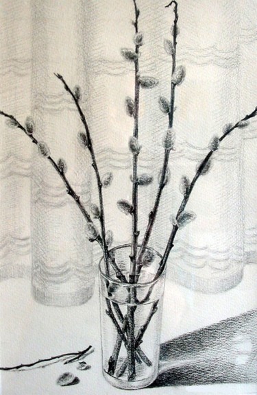Dibujo titulada "The Spring Willow.…" por Vladimir Abaimov, Obra de arte original, Lápiz