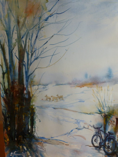 Peinture intitulée "Arrêt balade VTT...…" par Pierre Feyeux, Œuvre d'art originale, Aquarelle