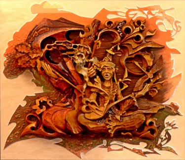 Sculptuur getiteld "Дуэт поколений." door Sergey Kolokoltsov, Origineel Kunstwerk, Hout