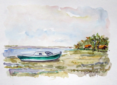 Marée basse à l'Herbe Peinture intitulée "Marée basse à l'Her…" par Michel Hamelin, Œuvre d'art originale, Aquarelle