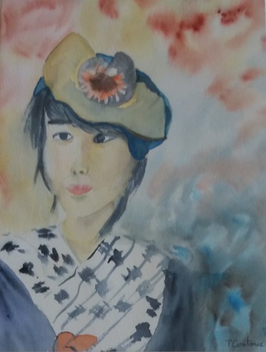 Japonaise au chapeau fleuri Peinture intitulée "Japonaise au chapea…" par Pascale Coutoux, Œuvre d'art originale, Aquarelle