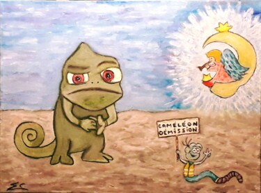 Peinture intitulée "Caméléon démission !" par Rodolphe Quinet, Œuvre d'art originale, Huile Monté sur Châssis en bois