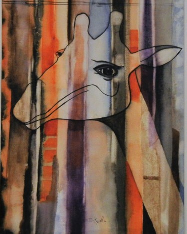Painting titled "Girafe graf" by Dominique Kuehn, Original Artwork, Watercolor